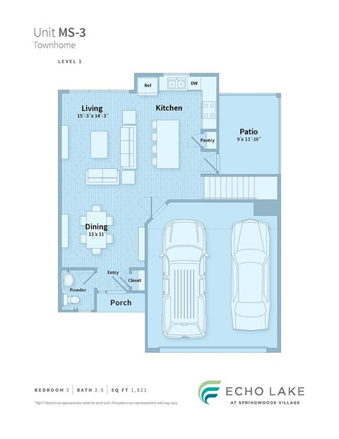 Floor plan for 3 beds, 2.5 baths, 1821 sqft